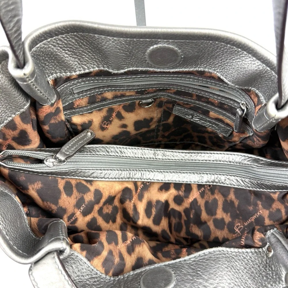 B Makowsky Hobo Handbag‎ Metallic Silver Leather Tasseled Boho Chic Everyday Bag